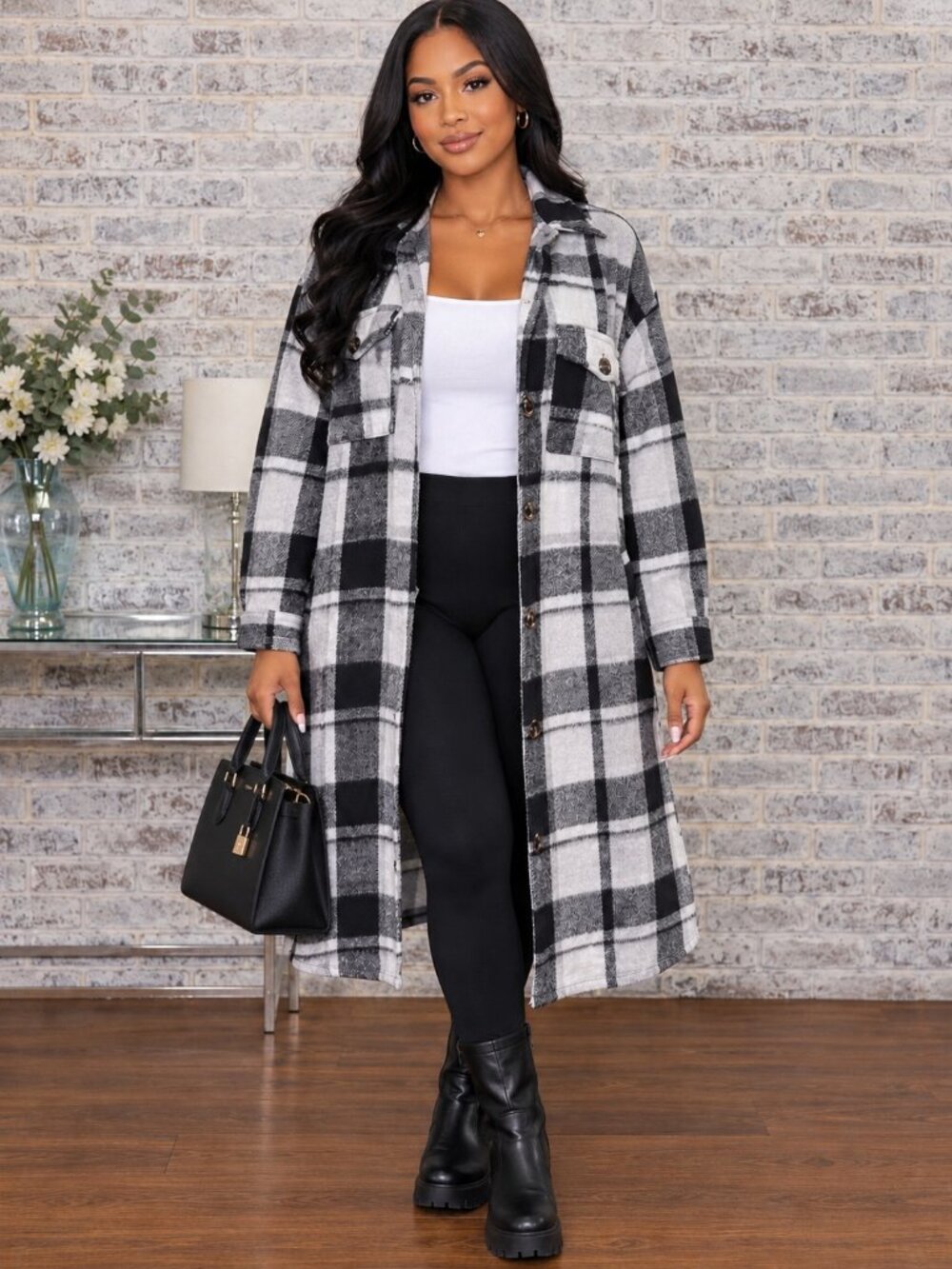 SHEIN Cozy Black Gray Plaid Flannel Long Sleeve Button Up Shirt Jacket Size L